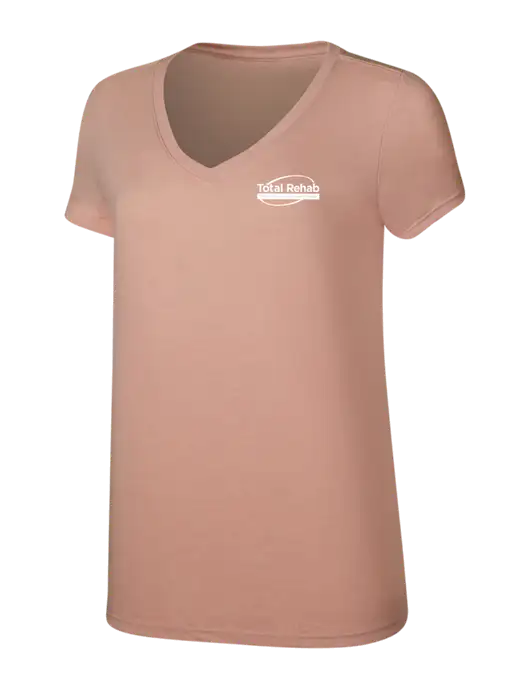 Womens Simply Soft V-Neck Heather Dusty Peach 4.5oz  Poly/Combed Ring Spun Cotton T-Shirt w/Total Rehab Logo
