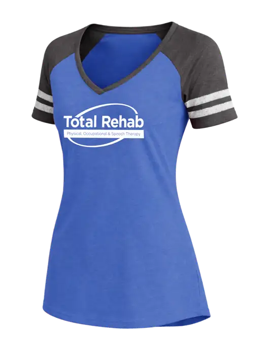 Womens Royal Heather/Charcoal Heather V-Neck Game Tee w/Total Rehab Logo