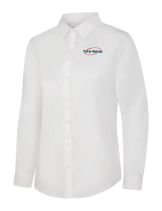 Womens White Long Sleeve Carefree Poplin Shirt w/Total Rehab Logo
