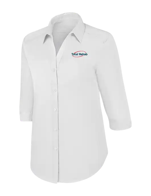 Womens White 3/4 Sleeve Carefree Poplin Shirt w/Total Rehab Logo