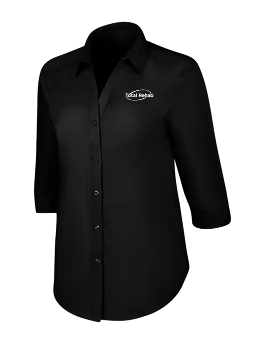 Womens Black 3/4 Sleeve Carefree Poplin Shirt w/Total Rehab Logo