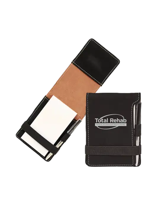 Black Leatherette Mini Notepad with Pen,  3.25 x 4.75 w/Total Rehab Logo