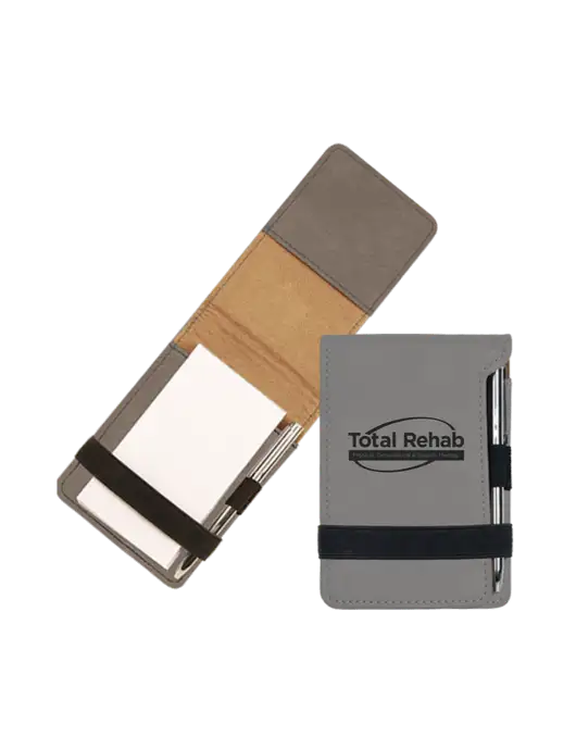 Grey Leatherette Mini Notepad with Pen,  3.25 x 4.75 w/Total Rehab Logo