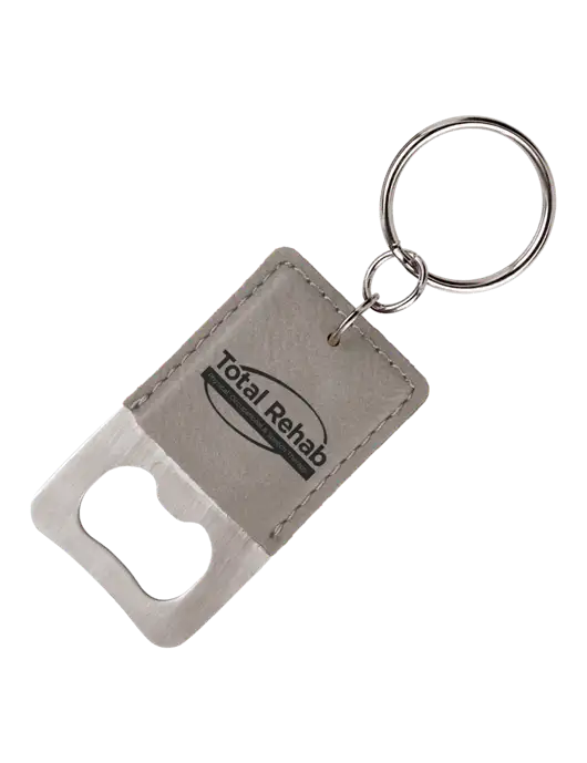 Grey Leatherette Rectangle Bottle Opener Keychain w/Total Rehab Logo