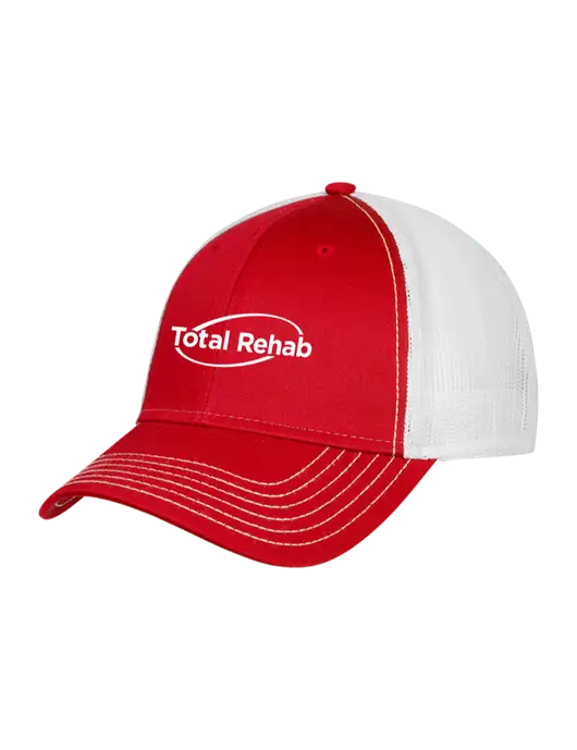 Red/White Mesh Trucker Cap Snap Back w/Total Rehab Logo
