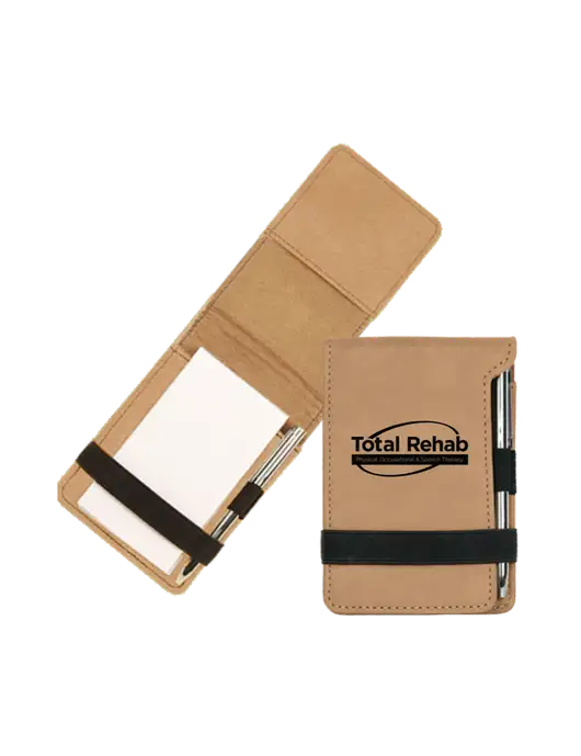 Tan Leatherette Mini Notepad with Pen,  3.25 x 4.75 w/Total Rehab Logo