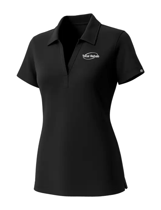 TravisMathew Womens Black Glenview Solid Polo w/Total Rehab Logo