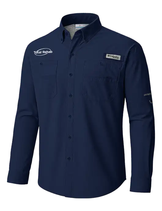 Columbia Navy PFG Tamiami II Long SleeveShirt w/Total Rehab Logo