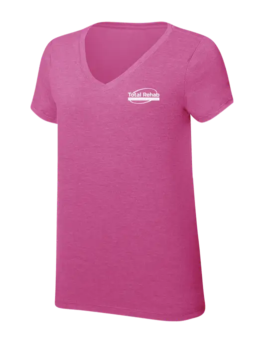 Womens Simply Soft V-Neck Fuschia Frost 4.5oz  Poly/Combed Ring Spun Cotton T-Shirt w/Total Rehab Logo