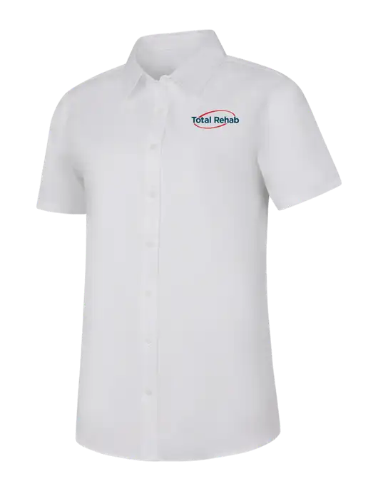 Womens White Short Sleeve Superpro React Twill Shirt w/Total Rehab Logo