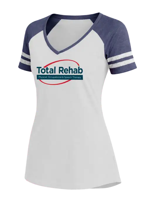 Womens White/Navy Heather V-Neck Game Tee w/Total Rehab Logo