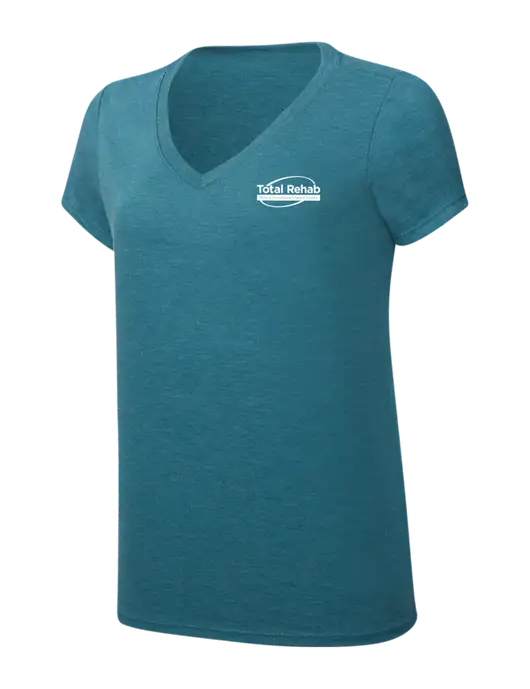 Womens Simply Soft V-Neck Heather Teal 4.5oz  Poly/Combed Ring Spun Cotton T-Shirt w/Total Rehab Logo