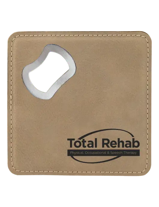 Tan Leatherette Bottle Opener Coaster w/Total Rehab Logo