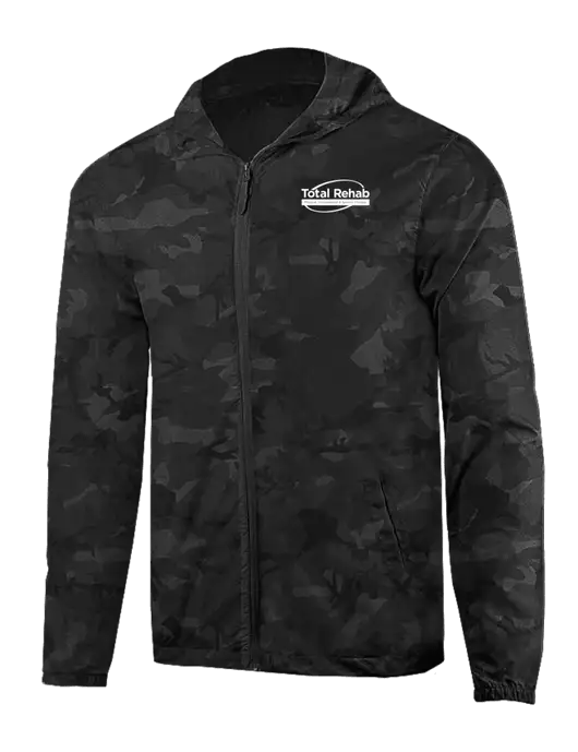 Rainy Day Ultra Lightweight Black Camo Windbreaker Full-Zip Jacket w/Total Rehab Logo