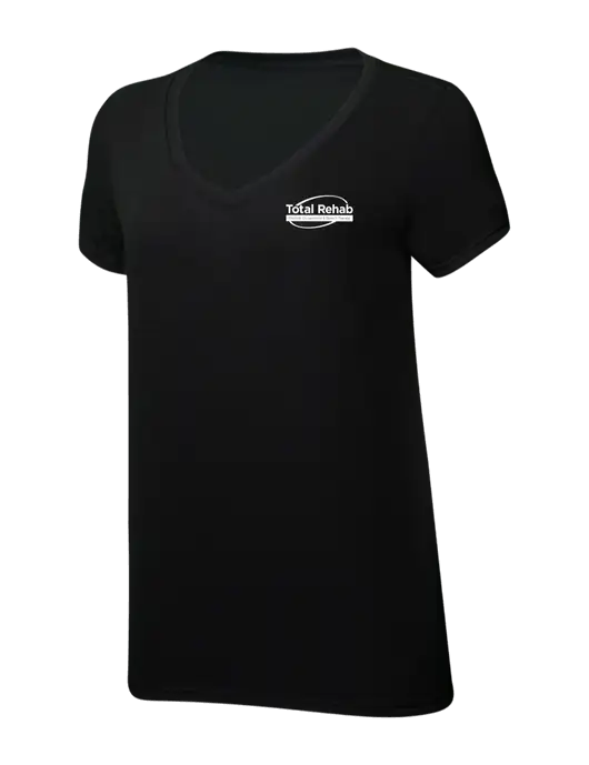 Womens Simply Soft V-Neck Black 4.5oz  Poly/Combed Ring Spun Cotton T-Shirt w/Total Rehab Logo