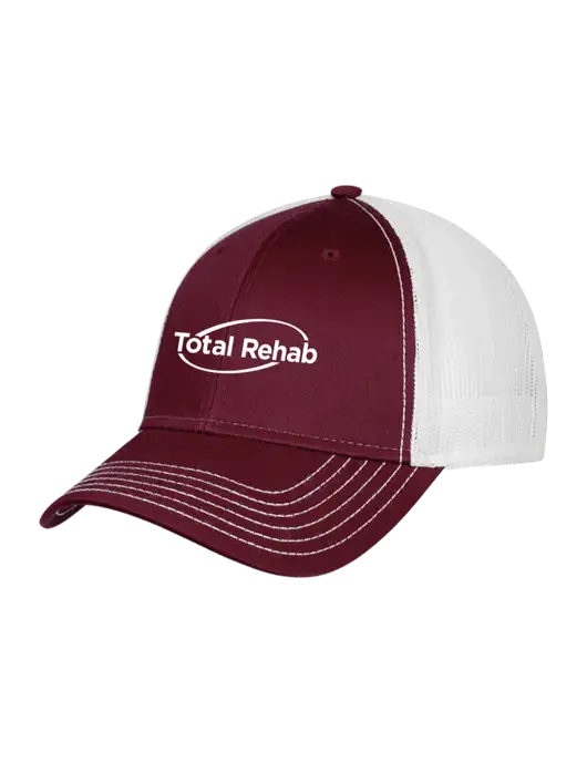 Maroon/Maroon/White Mesh Trucker Cap Snap Back w/Total Rehab Logo