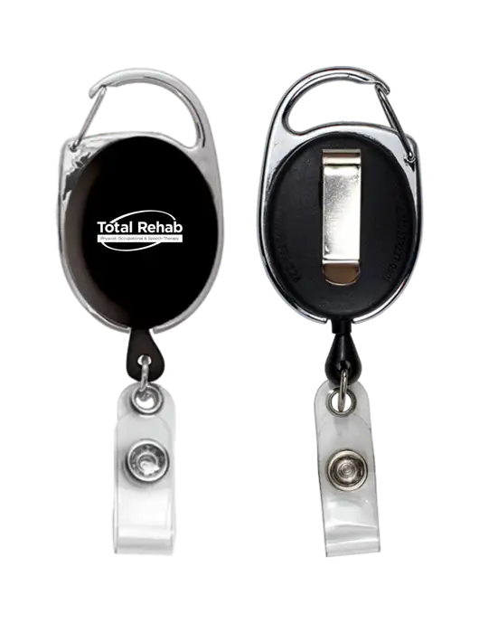 Black Carabiner Style Badge Reel and Badge Holder w/Total Rehab Logo