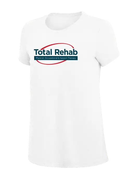 Womens Simply Soft White 4.5oz Poly/Combed Ring Spun Cotton T-Shirt
 w/Total Rehab Logo