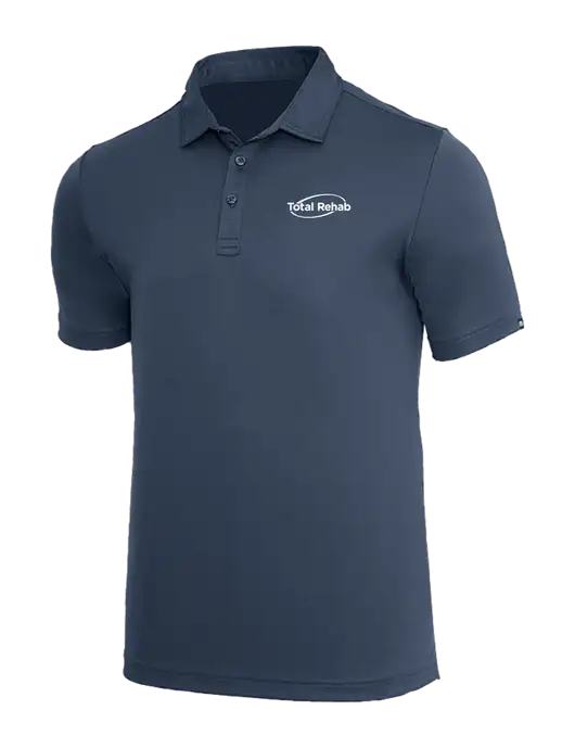 TravisMathew Dark Slate Blue Coto Performance Polo w/Total Rehab Logo
