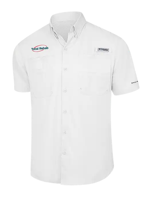 Columbia White PFG Tamiami II Short Sleeve Shirt w/Total Rehab Logo