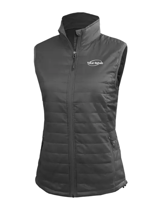 Womens Packable Dark Grey Puffy Vest w/Total Rehab Logo