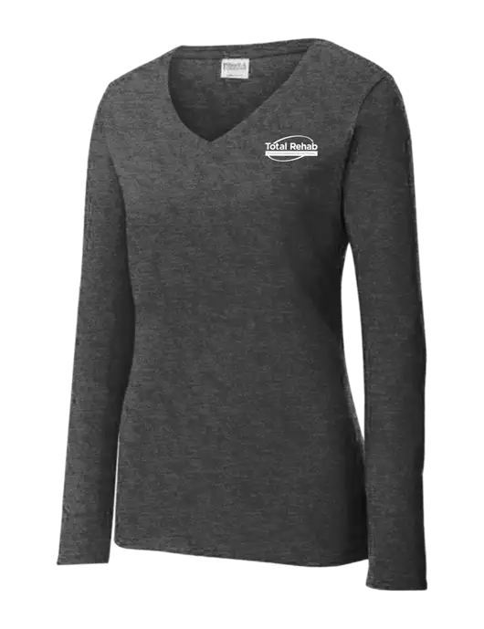 Womens  V-Neck Ring Spun Dark Heather Grey 4.5 oz Long Sleeve T-Shirt w/Total Rehab Logo