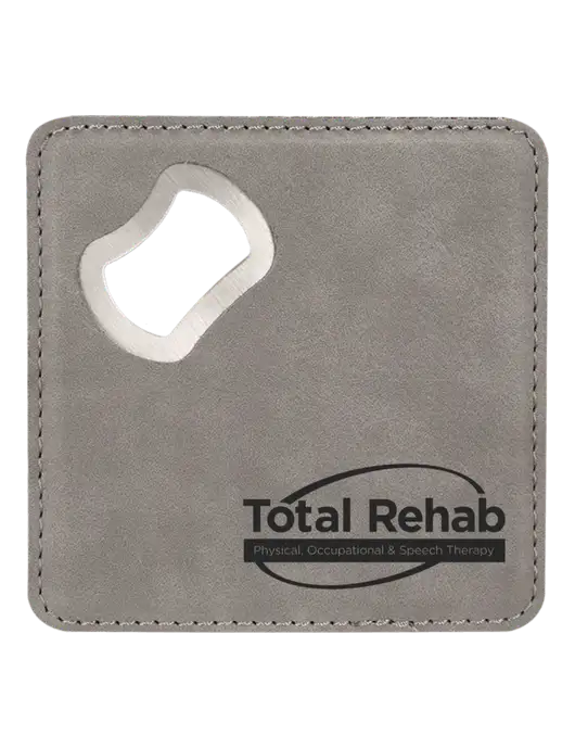 Grey Leatherette Coaster with Bottle Opener w/Total Rehab Logo