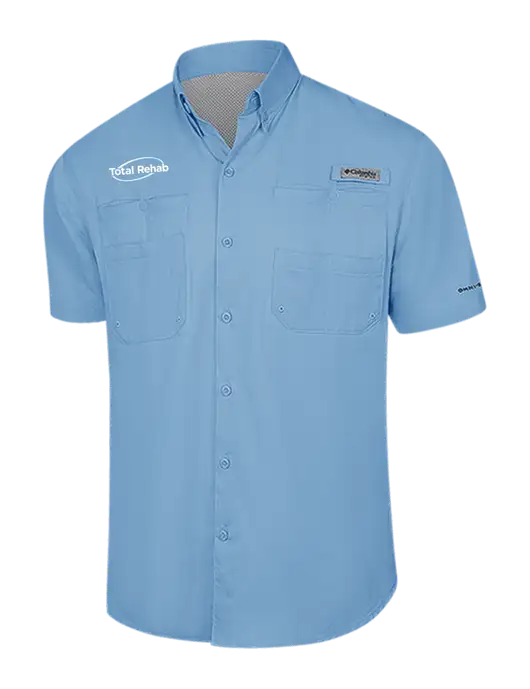 Columbia Light Blue PFG Tamiami II Short Sleeve Shirt w/Total Rehab Logo
