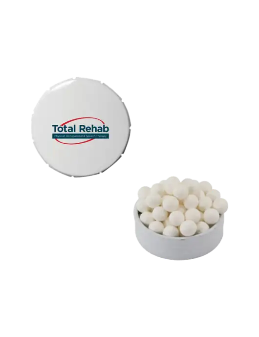 Signature Peppermints In White Snap Top Tin  w/Total Rehab Logo