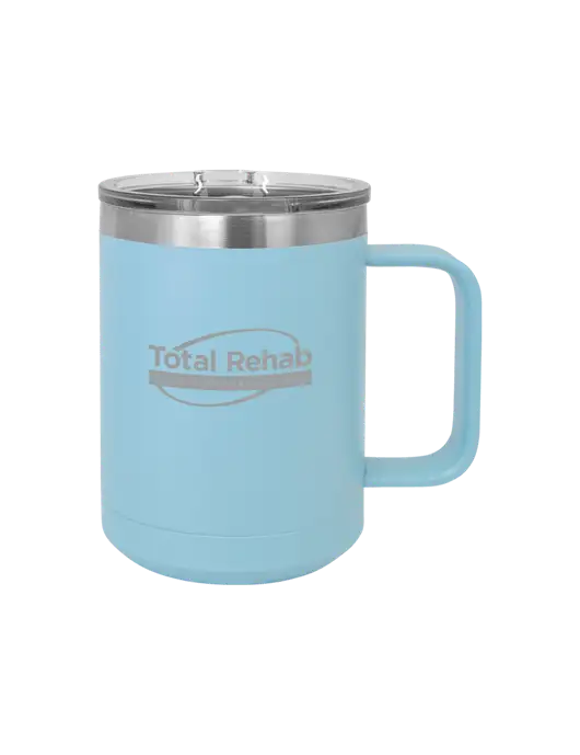 Polar Camel 15 oz Powder Coated Light Blue Vacuum Insulated Mug with Slider Lid w/Total Rehab Logo