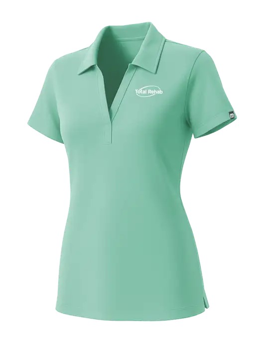 TravisMathew Womens Very Light Green Glenview Solid Polo w/Total Rehab Logo
