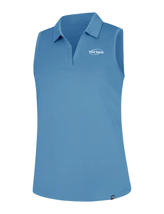 TravisMathew Womens Light Blue Heather Coto Performance Sleeveless Polo w/Total Rehab Logo