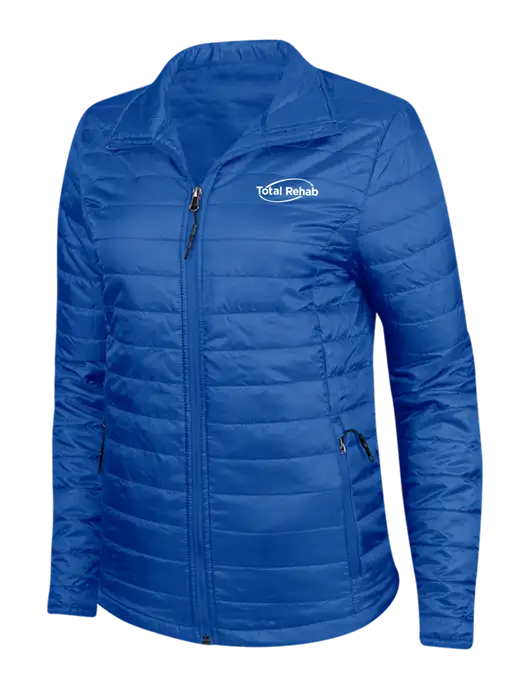 Dark Royal Blue Womens Puffy Packable Jacket w/Total Rehab Logo