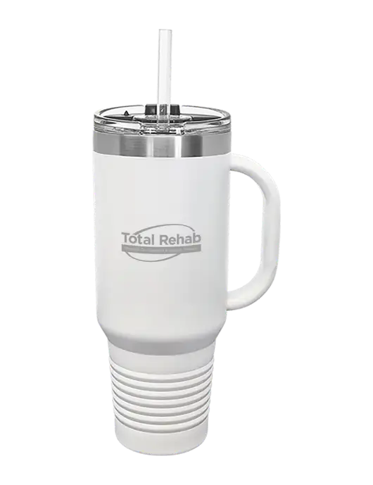 Polar Camel 40 oz. Powder Coated Vacuum Insulated White Travel Mug with Straw w/Total Rehab Logo
