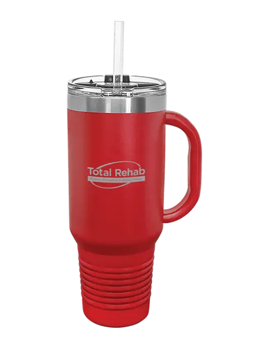 Polar Camel 40 oz. Powder Coated Vacuum Insulated Red Travel Mug with Straw w/Total Rehab Logo