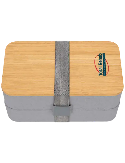 Double Decker Light Medium Grey Lunch Box w/Eco-Friendly FSC Bamboo Lid & Reusable Utensils w/Total Rehab Logo