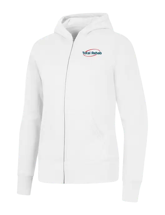 White Womens Core Fleece Full-Zip Hooded Sweatshirt w/Total Rehab Logo
