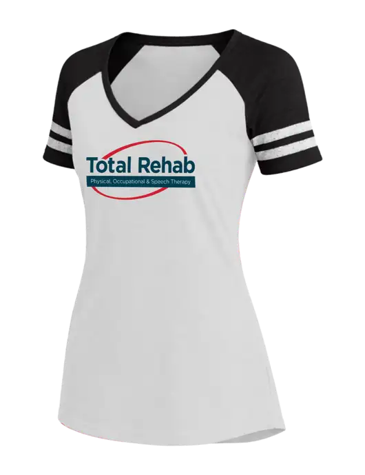 Womens White/Black V-Neck Game Tee w/Total Rehab Logo