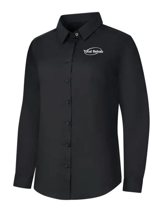 Womens Black Long Sleeve Carefree Poplin Shirt w/Total Rehab Logo