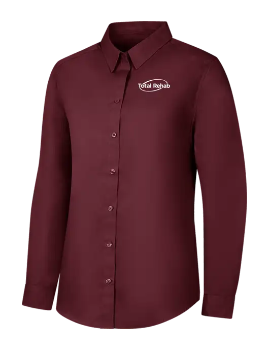 Womens Maroon Long Sleeve Carefree Poplin Shirt w/Total Rehab Logo