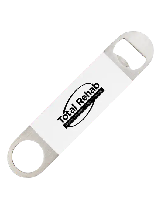White Bottle Opener with Silicone Grip w/Total Rehab Logo