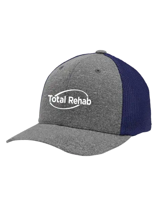 Flexfit Navy/Medium Grey Heather Melange Mesh Back Trucker Cap w/Total Rehab Logo