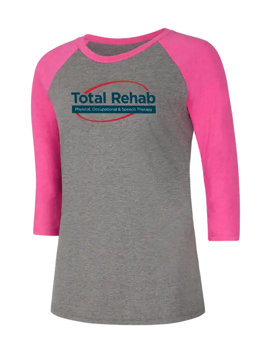 Womens Simply Soft 3/4 Sleeve Fuchsia Frost/Grey Frost Ring Spun Cotton T-Shirt w/Total Rehab Logo