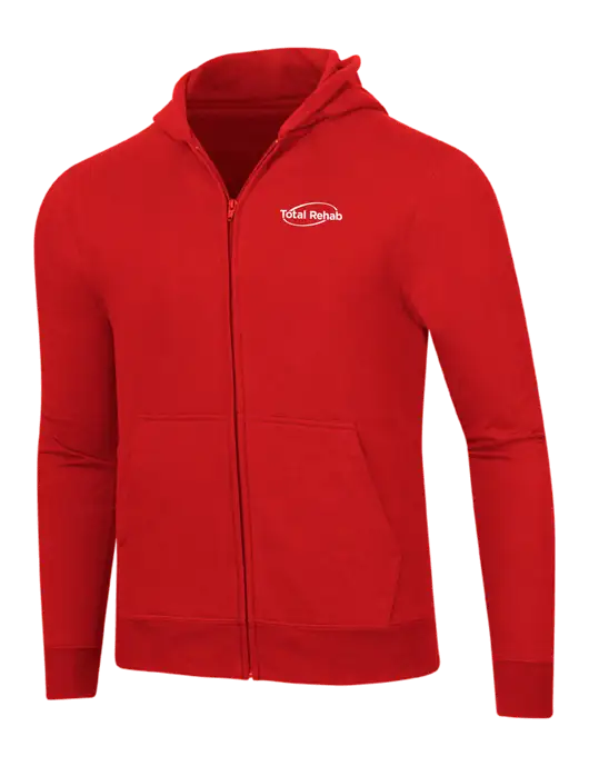 Bright Red 8.5 oz Ring Spun Zip Hooded Sweatshirt w/Total Rehab Logo