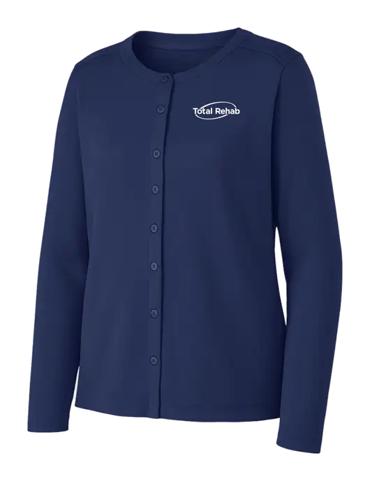 Dress Blue Navy Womens Concept Stretch Button-Front Cardigan Sweater w/Total Rehab Logo