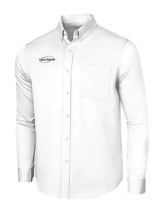 Long Sleeve White Superpro React Twill Shirt w/Total Rehab Logo
