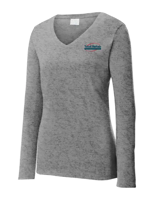 Womens  V-Neck Ring Spun Grey Heather 4.5 oz Long Sleeve T-Shirt w/Total Rehab Logo
