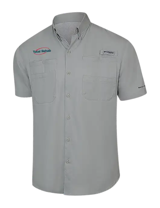 Columbia Light Grey PFG Tamiami II Short Sleeve Shirt w/Total Rehab Logo