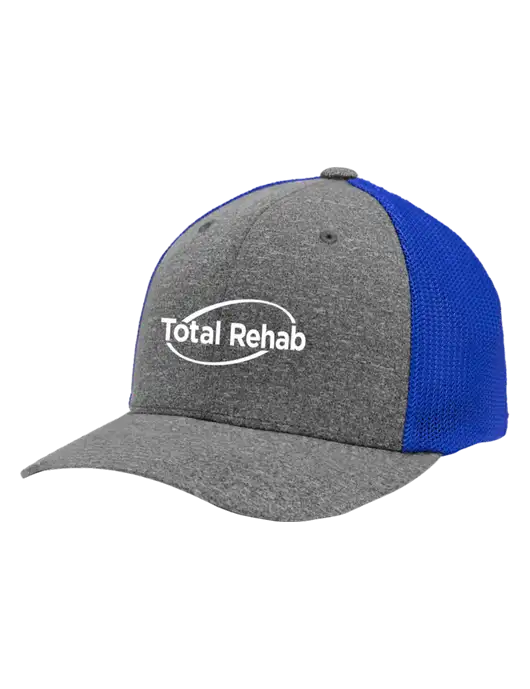 Flexfit Royal/Medium Grey Heather Melange Mesh Back Trucker Cap w/Total Rehab Logo