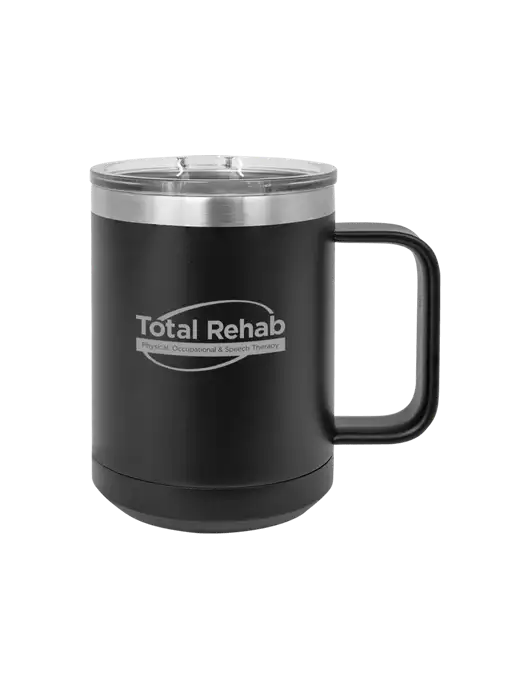 Polar Camel 15 oz Powder Coated Black Vacuum Insulated Mug with Slider Lid w/Total Rehab Logo